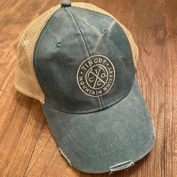 Tin Cup Mountain Whiskey Distressed Mesh Back Snapback Baseball Cap Hat OS - Picture 1 of 3